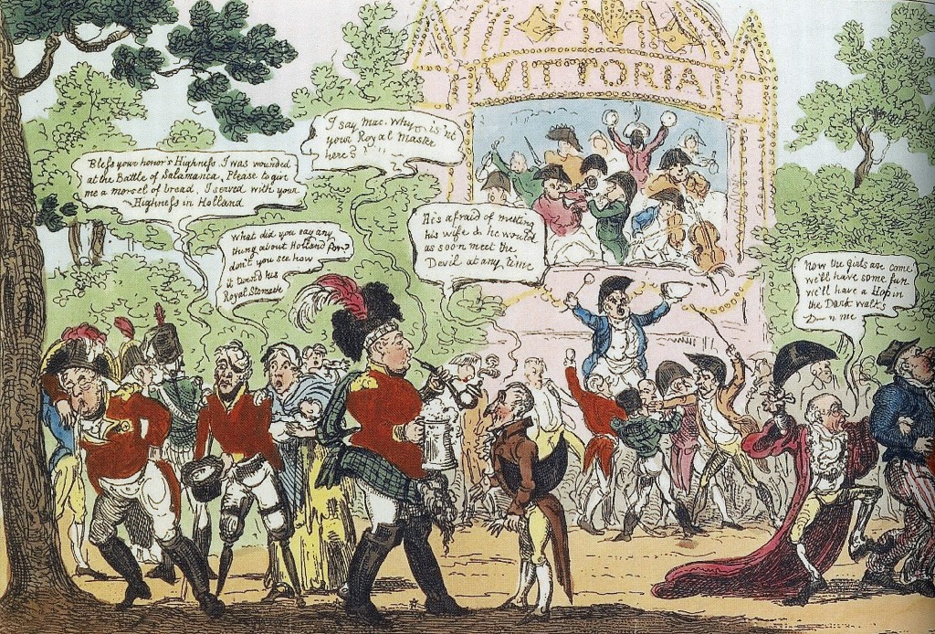 An 1813 cartoon shows the Prince of Wales puking against a tree in Vauxhall pleasure gardens