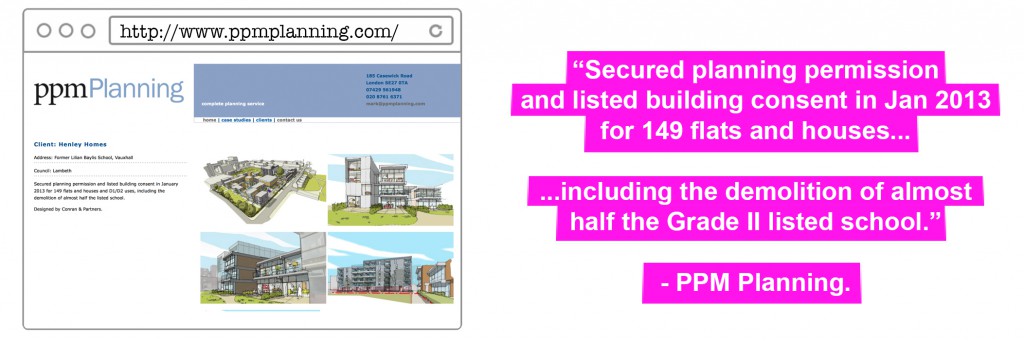 PPM Planning secured planning permission and listed building consent in January 2013 for 149 flats and houses and D1/D2 uses, including the demolition of almost half the listed school.